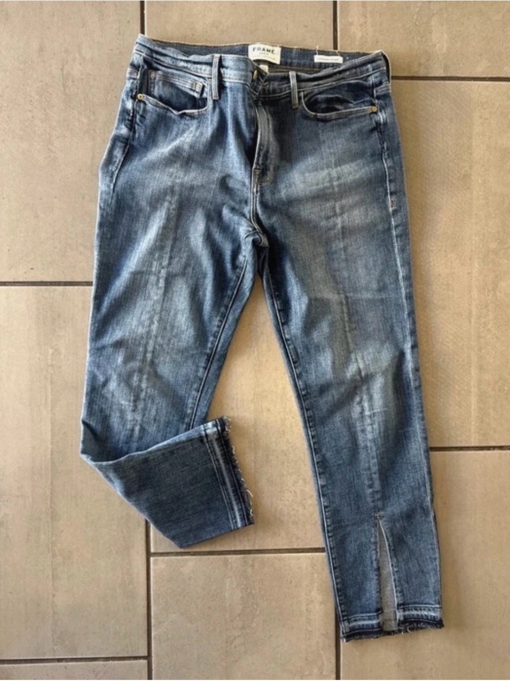 Frame Denim Distressed Medium Blue Ankle Crop Jeans